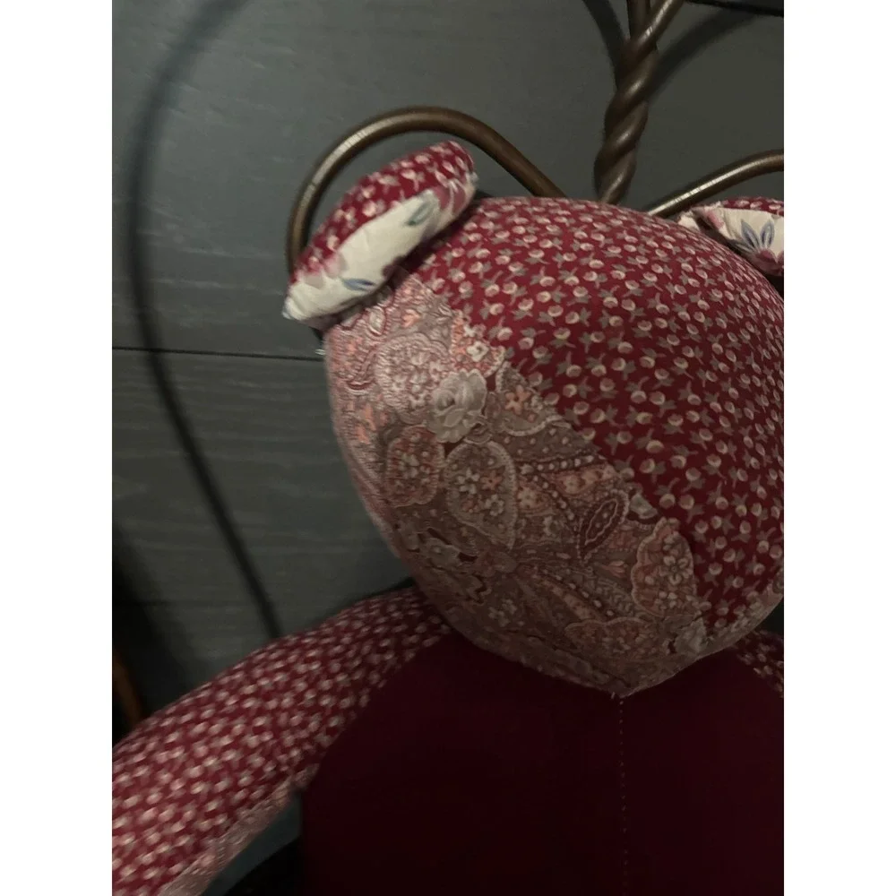 Vintage Handmade Patchwork Teddy Bear Burgundy Floral Paisley Gingham Plush 15